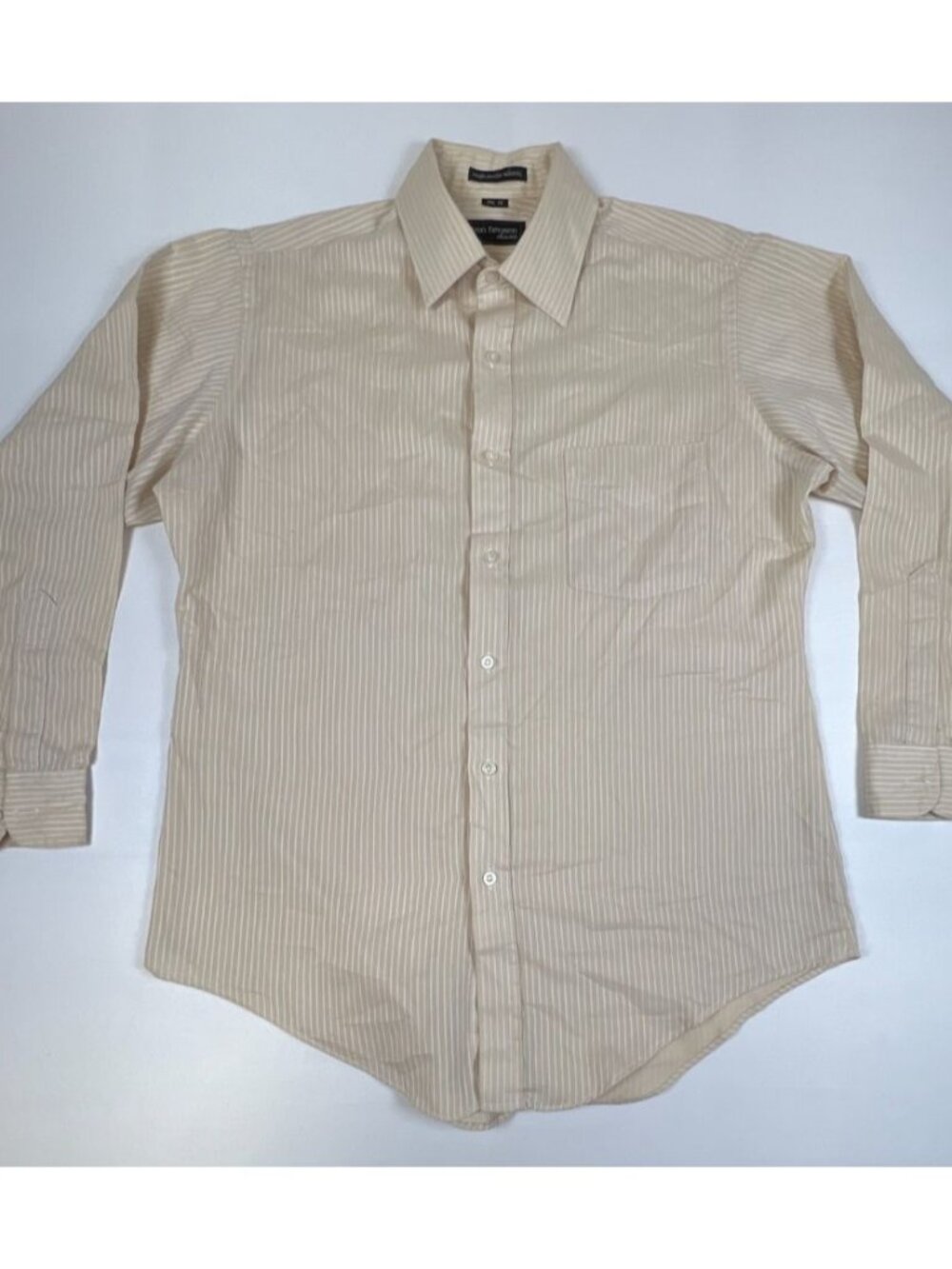 Van Heusen Men 15.5 32/33 Tan Beige Striped Single Needle Tailoring Dress Shirt